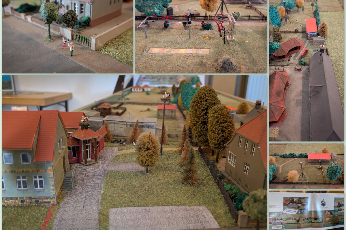 eine Collage auf Aufnahmen vom Miniatur-Modell des Storchenhofes mit vielen kleinen witzigen Details, z.b. ein Polizist geleitet einen Storch über die Straße)