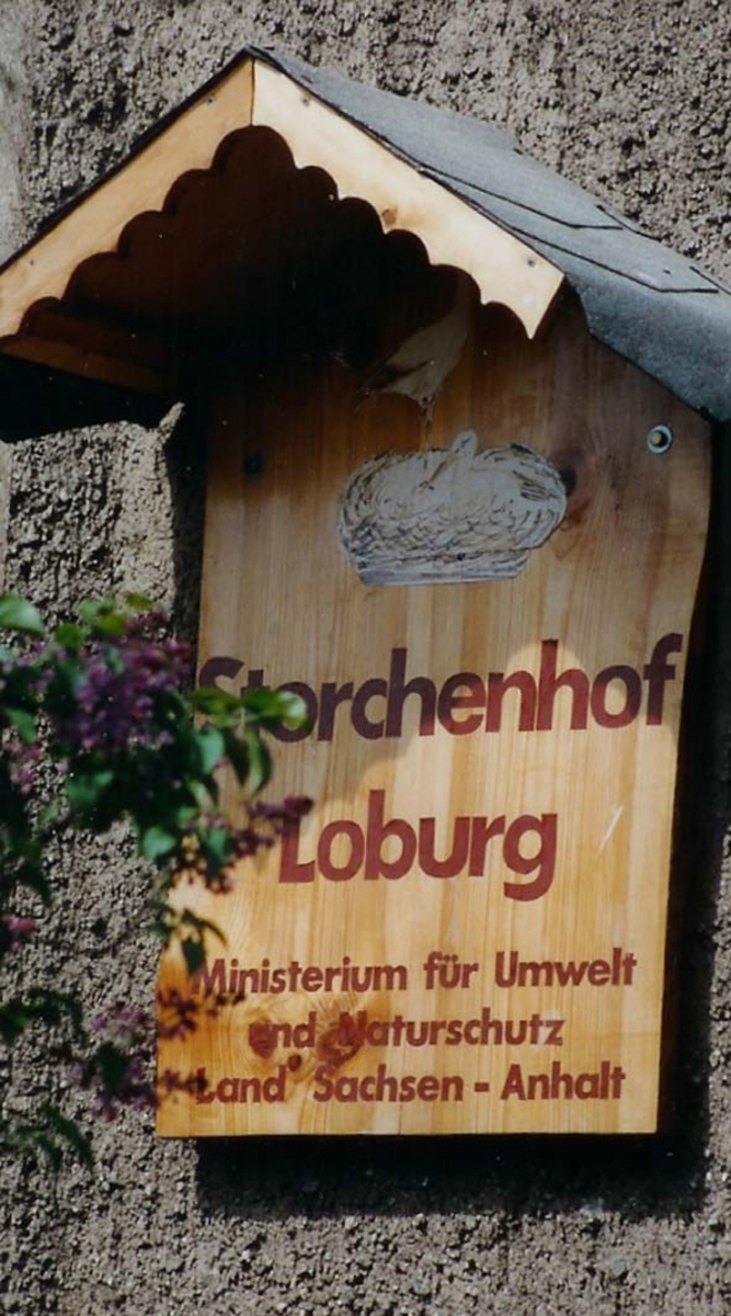 Holzschild mit der Aufschrift Storchenhof Loburg – Ministerium für Umwelt und Naturschutz Land Sachsen-Anhalt